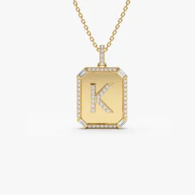 14k Baguette and Round Diamond Tag Initial Necklace