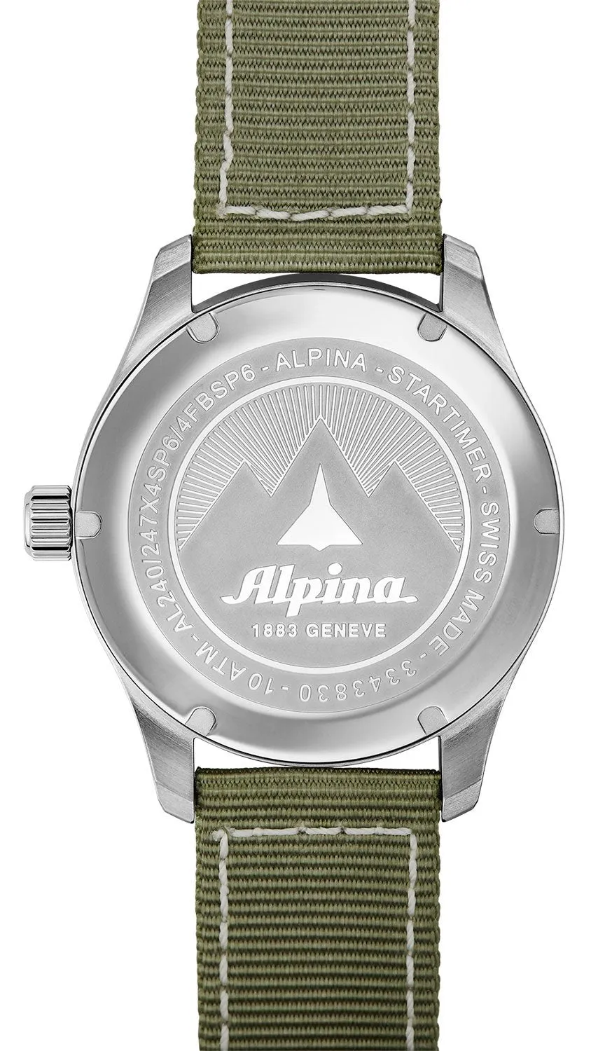 Alpina Startimer Pilot Stainless Steel Green Nylon Strap White Dial Quartz Date Mens Watch AL-240S4S6