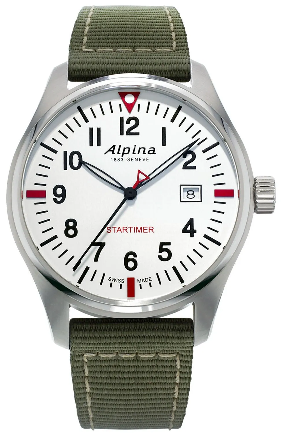 Alpina Startimer Pilot Stainless Steel Green Nylon Strap White Dial Quartz Date Mens Watch AL-240S4S6