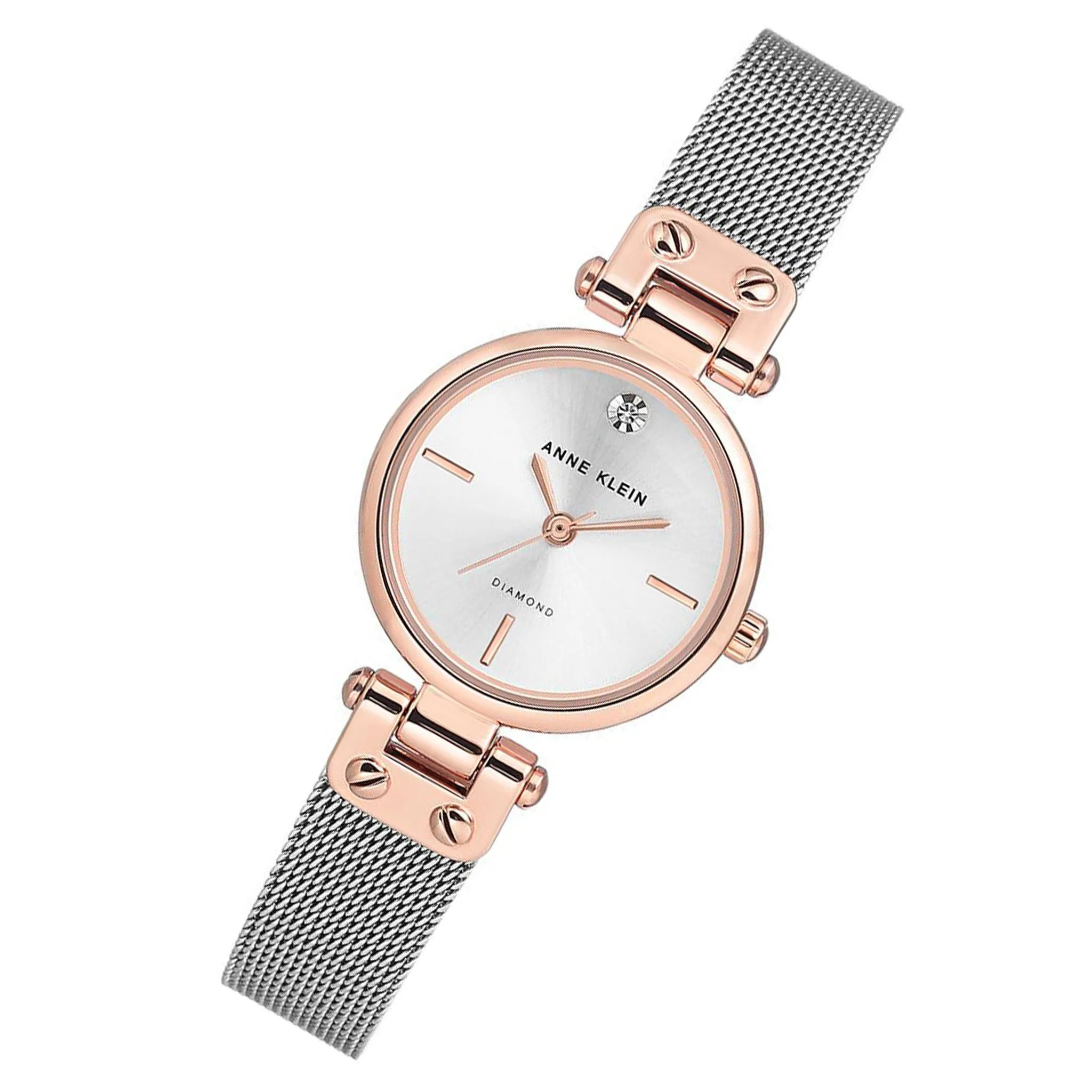 Anne Klein Dress Silver and Rose Gold Mesh Silver White Dial Women's Watch - AK3003SVRT