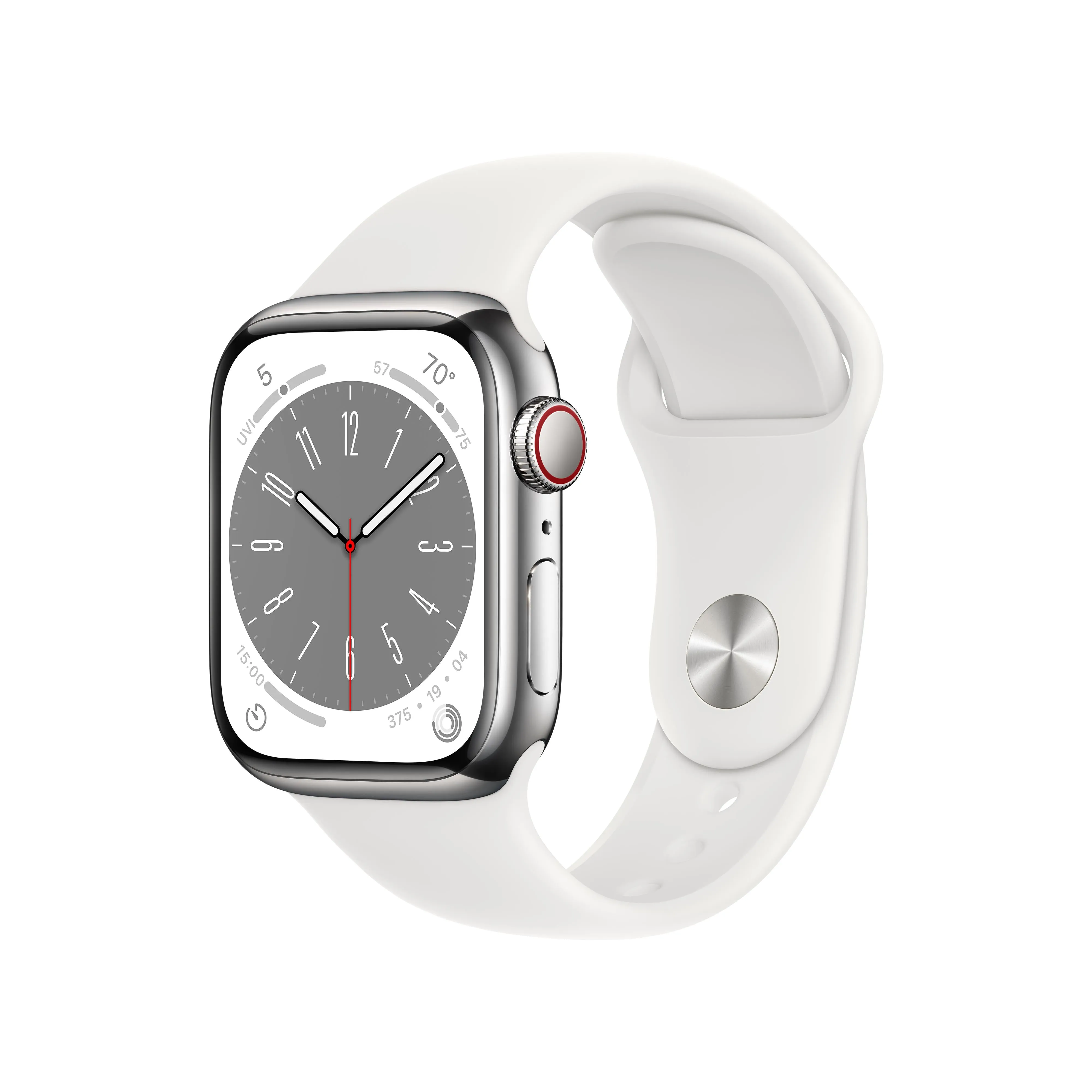 Apple Watch Series 8 GPS   Cellular 41mm Silver Stainless Steel Case with White Sport Band - Regular