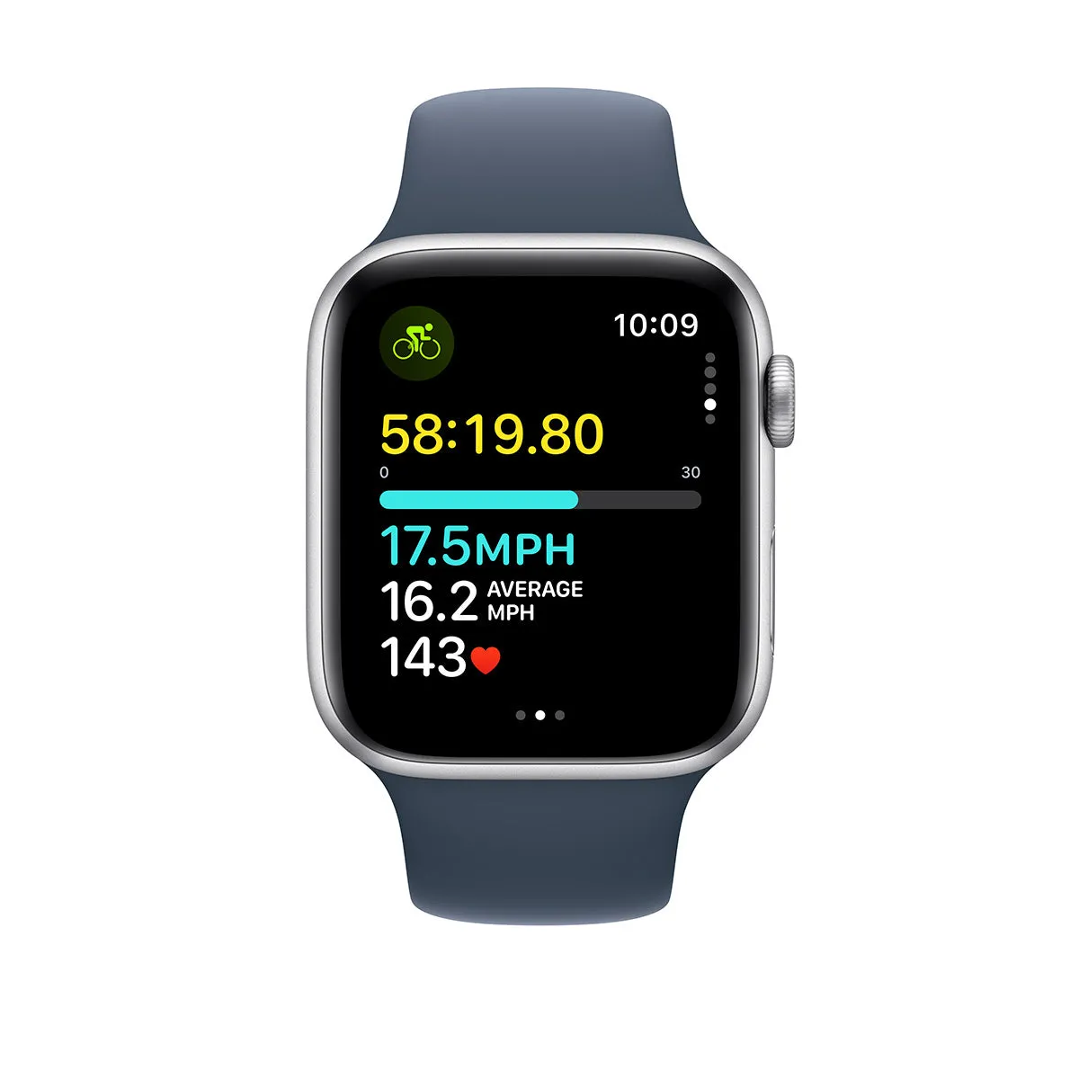 Apple Watch Series SE 2nd Gen GPS, 44mm Silver Aluminium Case with Storm Blue Sport Band – MREE3 (M/L) (New)