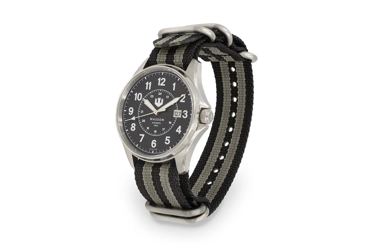 Automatic Field Watch with Stainless Steel Bracelet AND Black and Gray Nylon Strap