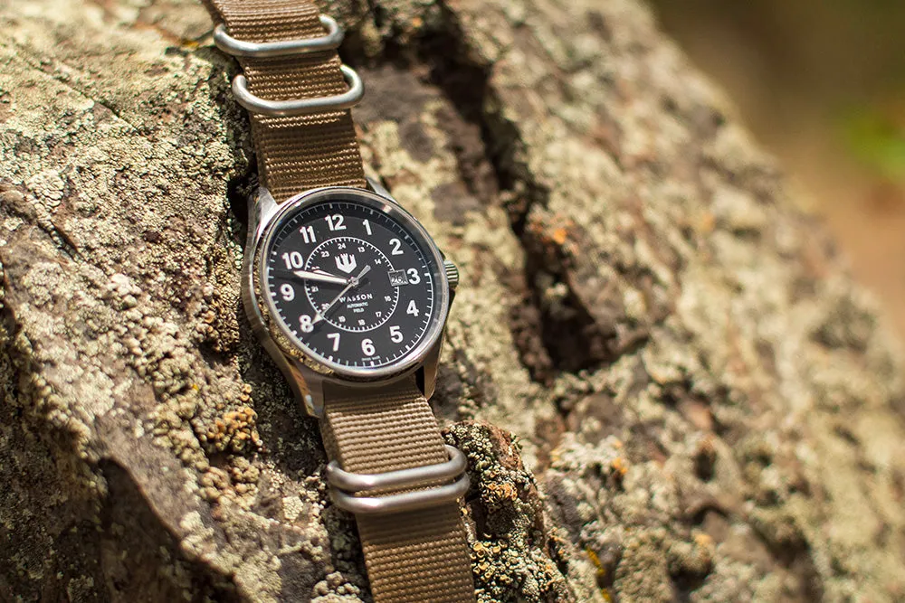 Automatic Field Watch with Stainless Steel Bracelet AND Khaki Nylon Strap