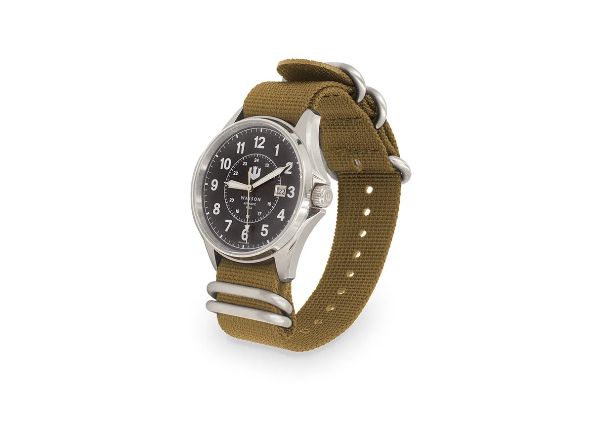 Automatic Field Watch with Stainless Steel Bracelet AND Khaki Nylon Strap