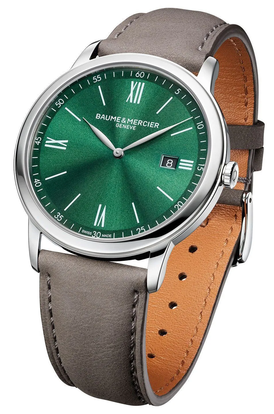 Baume & Mercier Classima Stainless Steel Green Dial Gray Brown Leather Date Quartz Mens Watch M0A10607