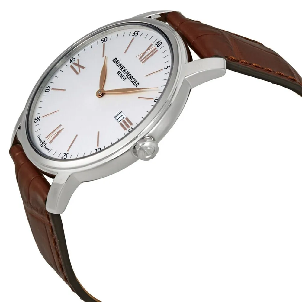 Baume & Mercier Classima Stainless Steel Silver Dial Brown Leather Strap Date Quartz Mens Watch MOA10144