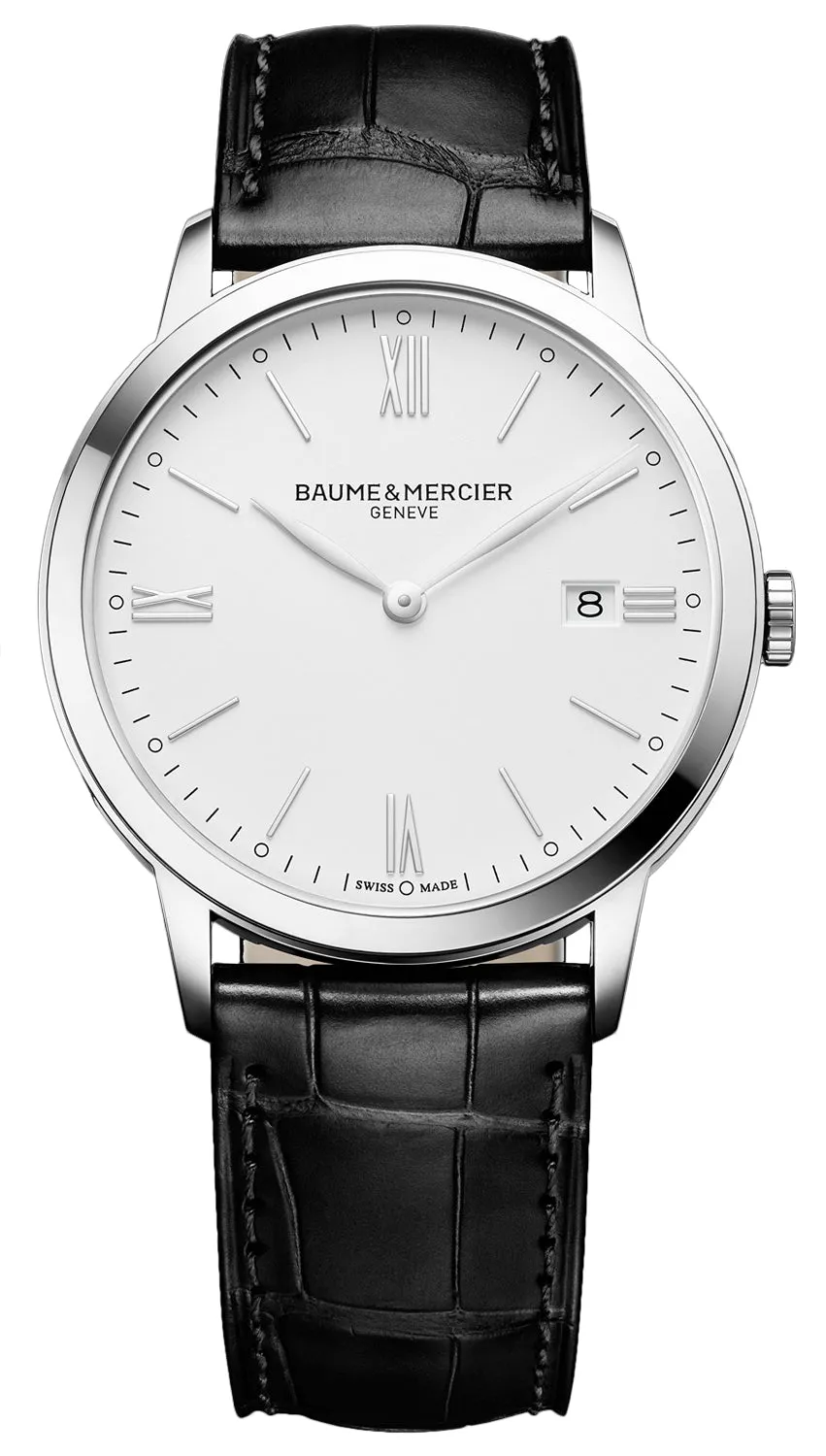 Baume & Mercier Classima Stainless Steel White Dial Black Leather Strap Date Quartz Mens Watch M0A10323