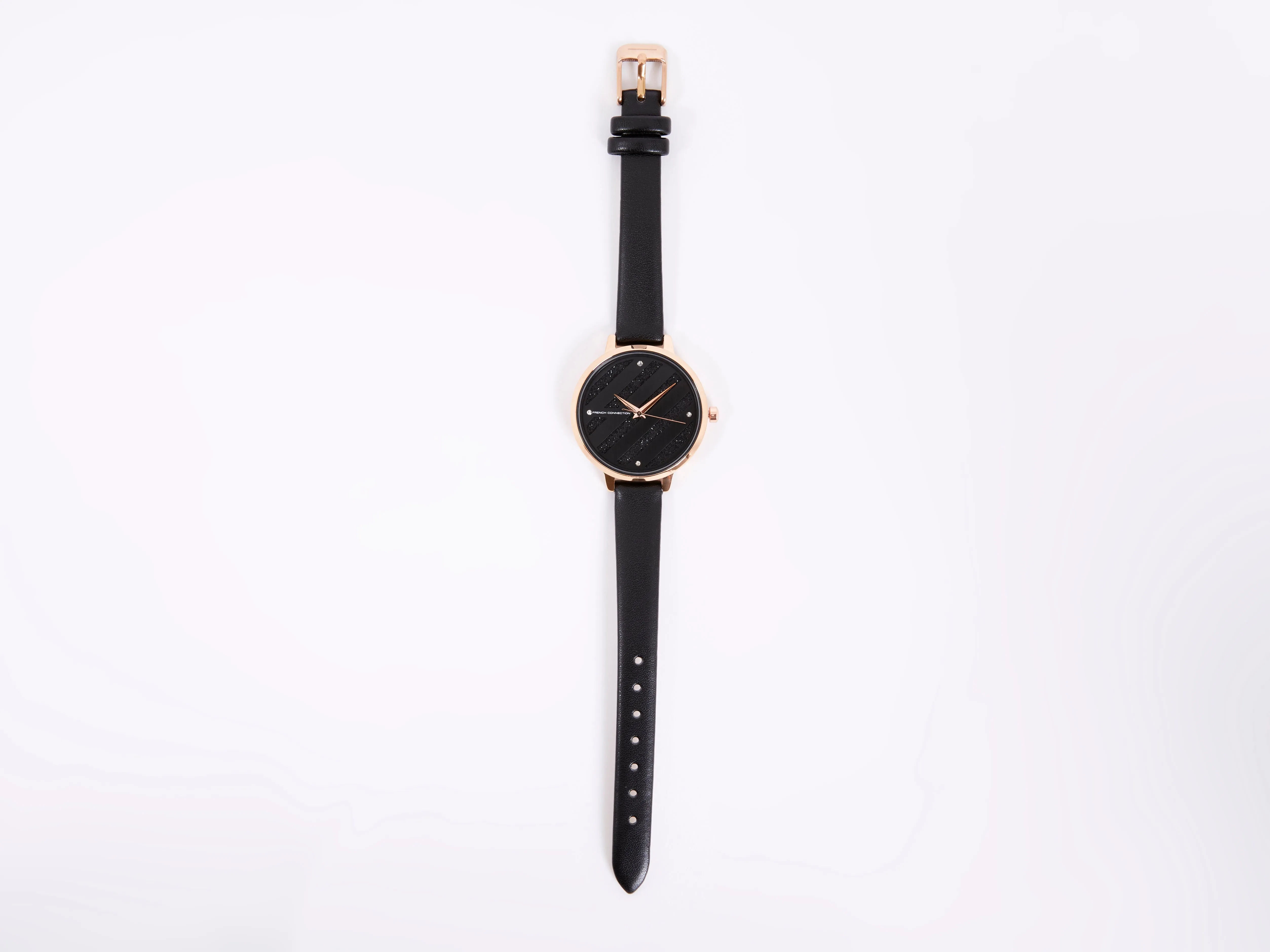 Black Leather Strap Watch with Black Glitter Dial