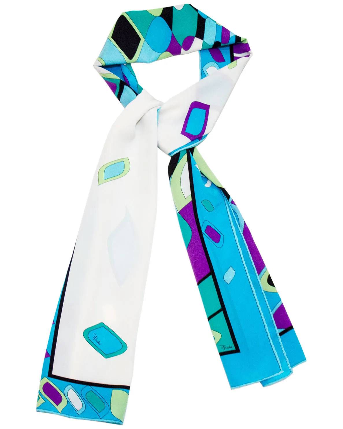 Blue Distorted Geometric Printed Narrow Silk Scarf