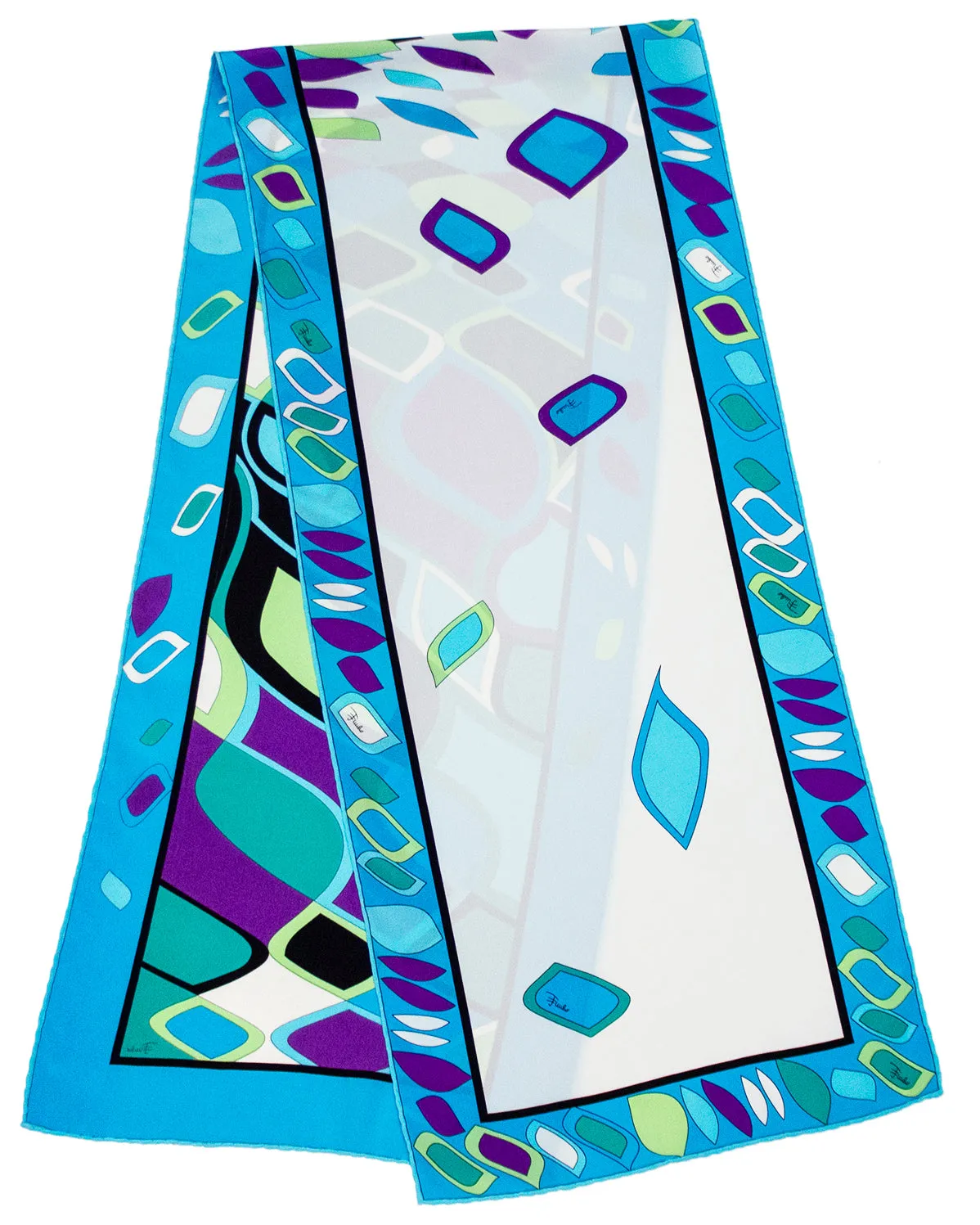 Blue Distorted Geometric Printed Narrow Silk Scarf