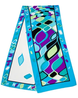 Blue Distorted Geometric Printed Narrow Silk Scarf