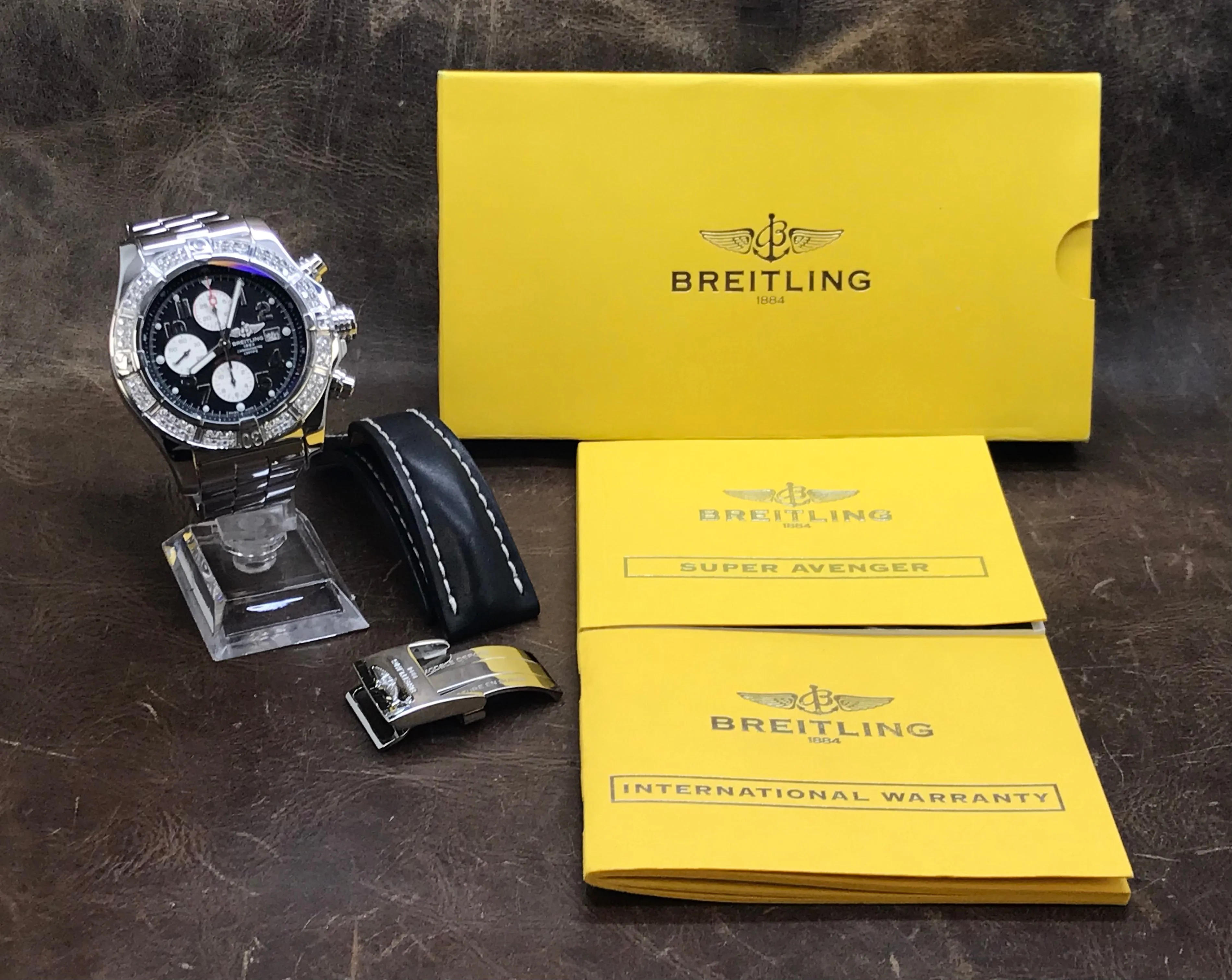 Breitling Super Avenger Custom Diamond Bezel A13370 Black Panda Dial Automatic Men's Watch