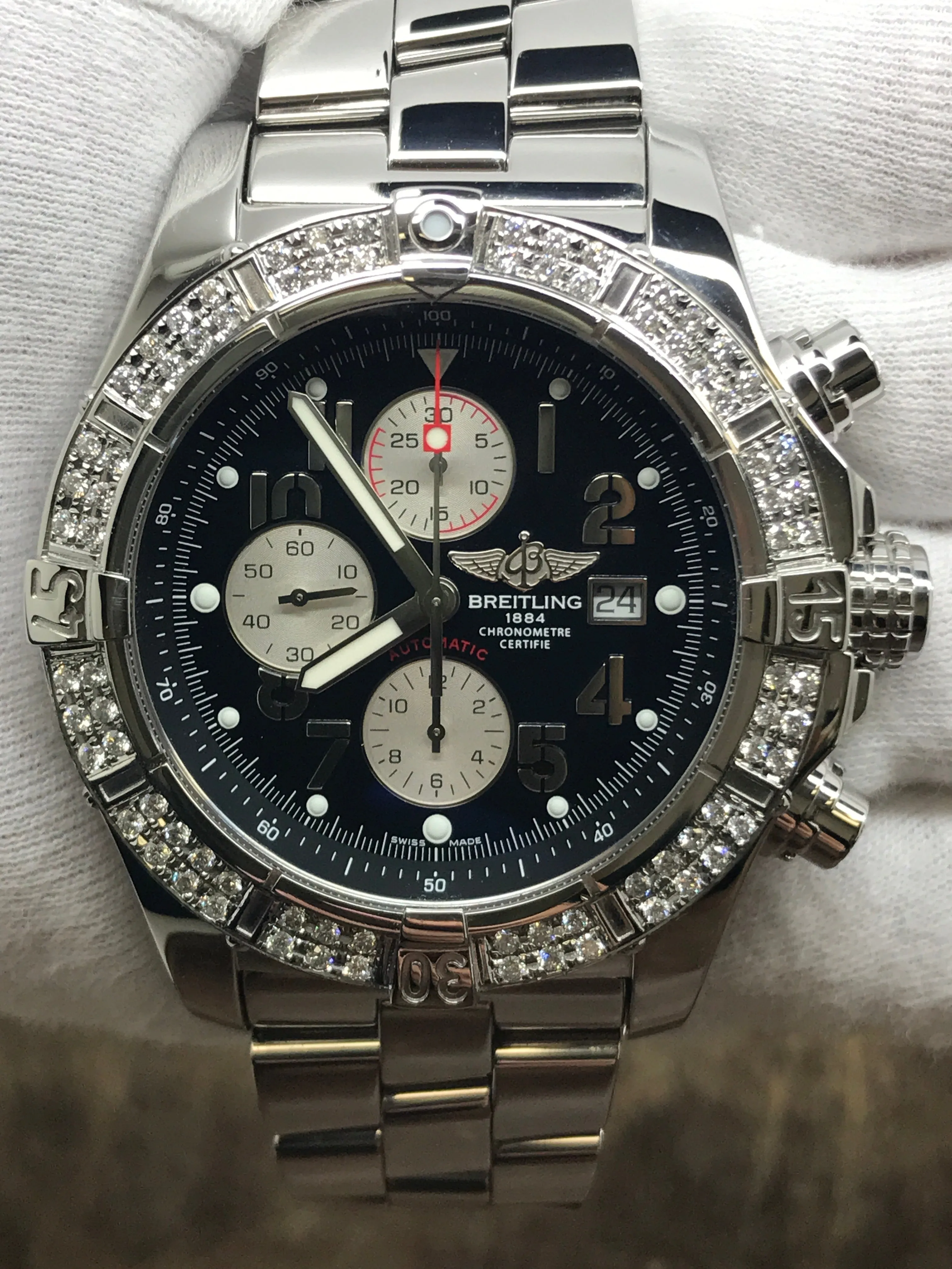 Breitling Super Avenger Custom Diamond Bezel A13370 Black Panda Dial Automatic Men's Watch