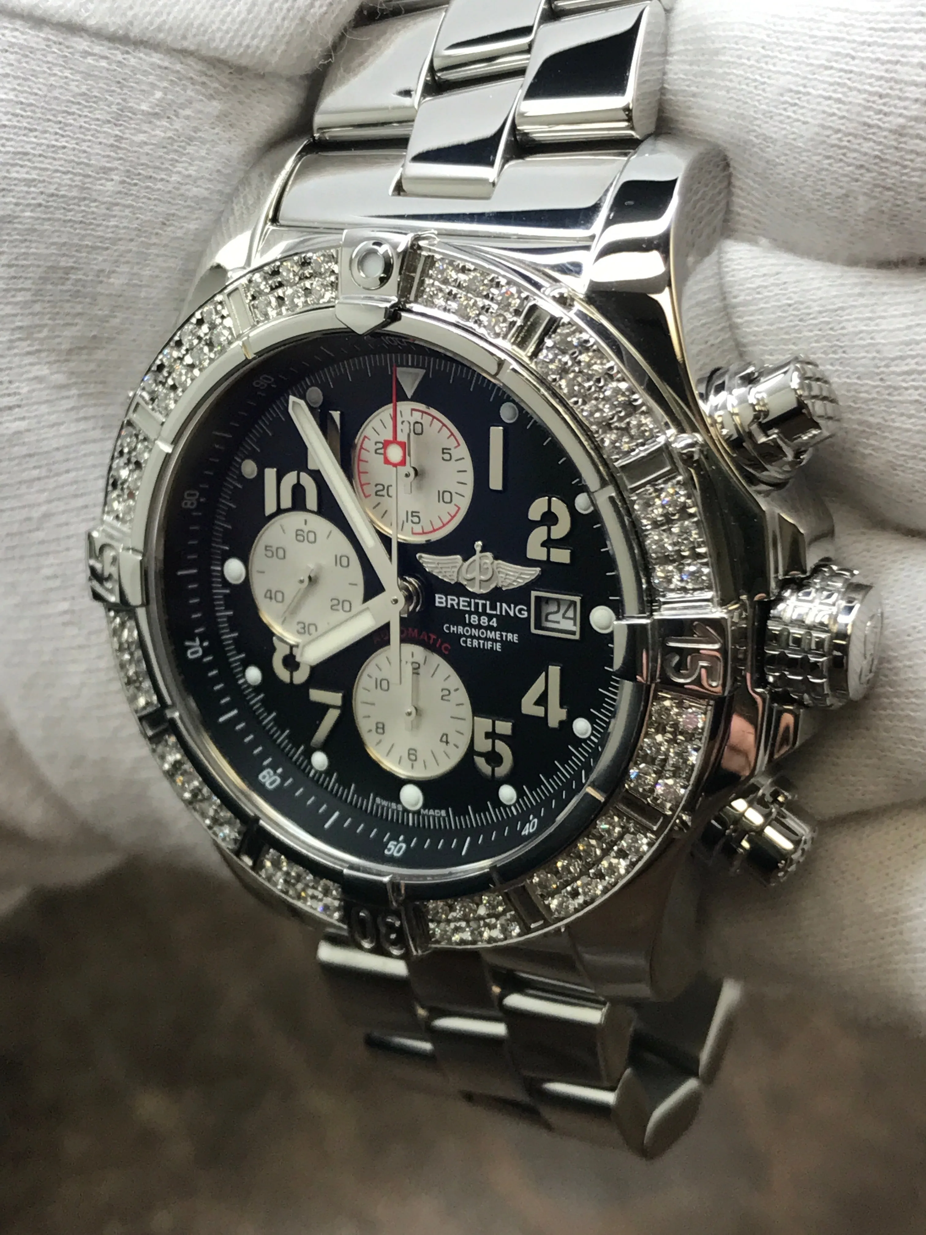 Breitling Super Avenger Custom Diamond Bezel A13370 Black Panda Dial Automatic Men's Watch