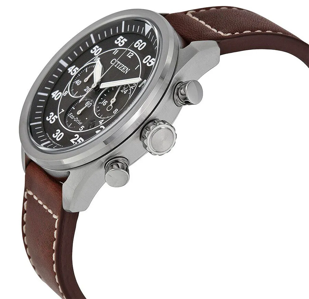 Citizen Avion Chronograph Brown Leather Strap Black Dial Quartz Eco-Drive Date Mens Watch CA4210-24E