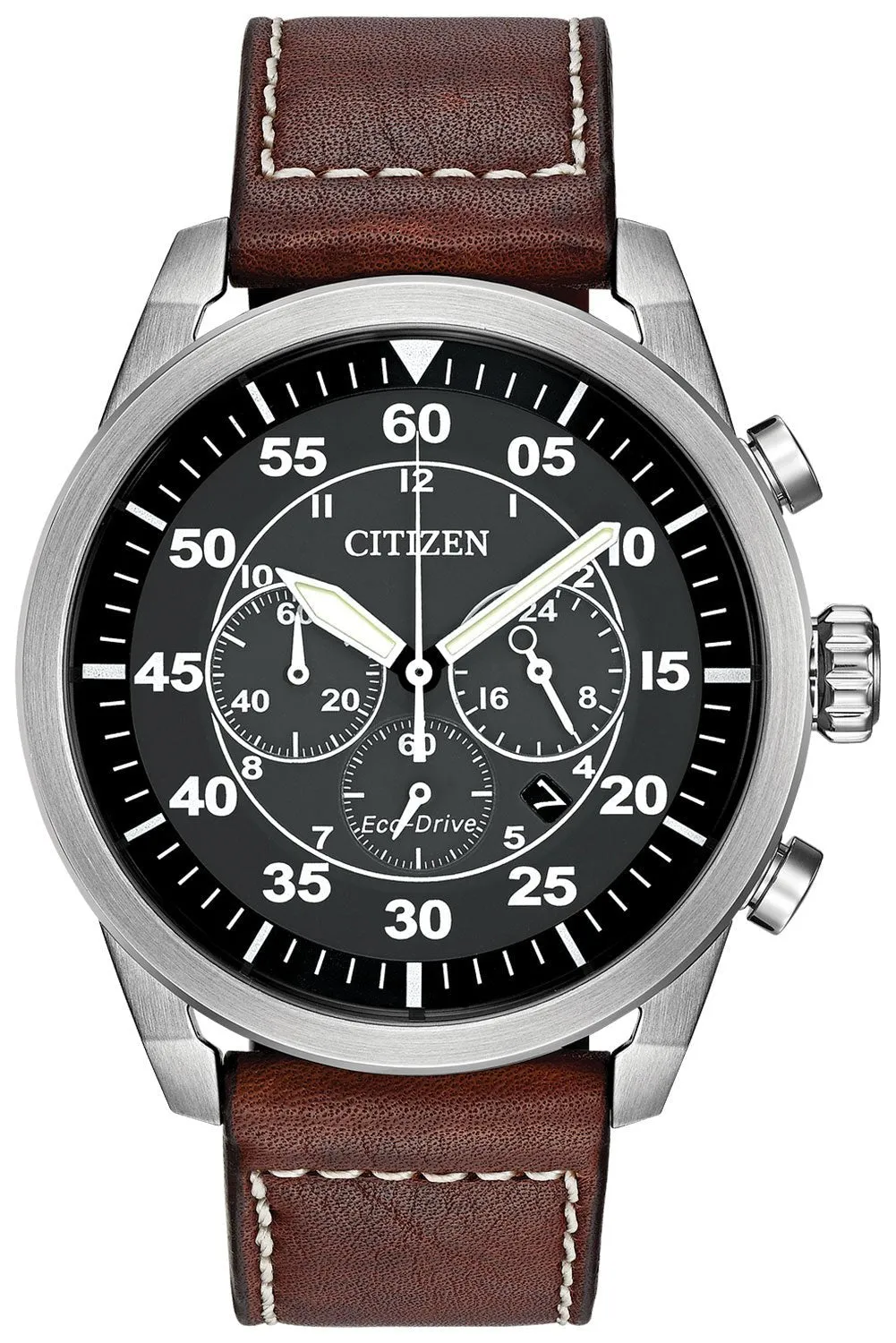 Citizen Avion Chronograph Brown Leather Strap Black Dial Quartz Eco-Drive Date Mens Watch CA4210-24E