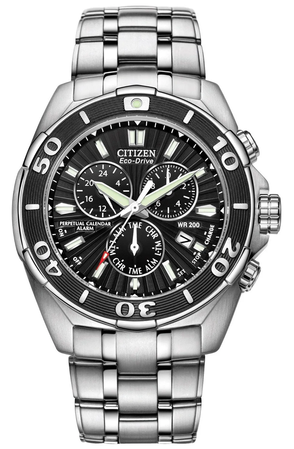 Citizen Signature Chronograph Steel Perpetual Calendar Dual Time Alarm Divers Quartz Eco-Drive Date Mens Watch BL5440-58E