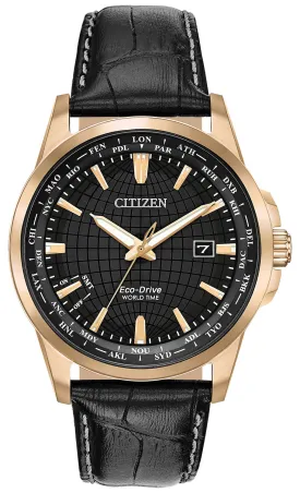 Citizen World Time Perpetual Calendar Rose Gold Steel Black Leather Black Dial Quartz Eco-Drive Date Mens Watch BX1003-08E