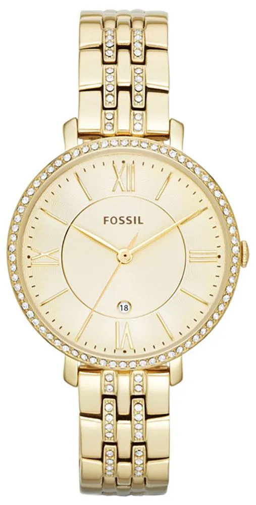 Fossil Jacqueline Gold-Tone Stainless Steel Gold-Tone Dial Crystals Date Quartz Womens Watch ES3547