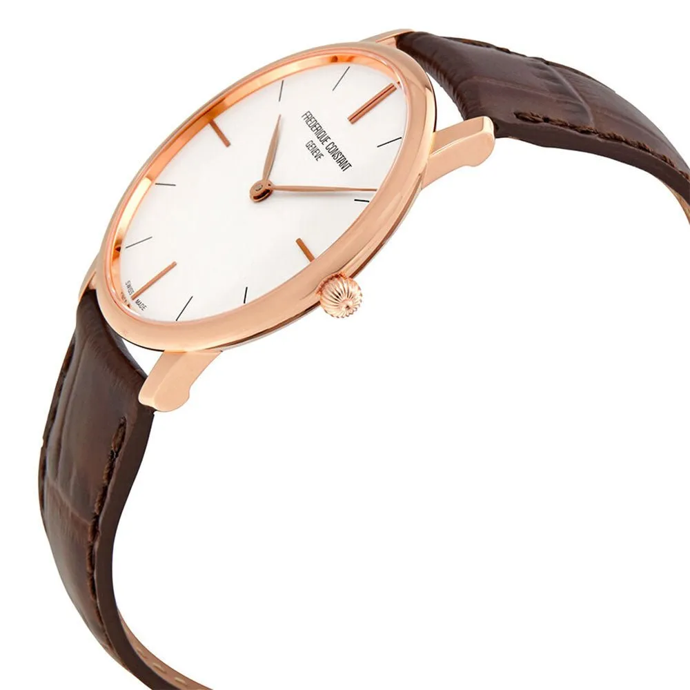 Frederique Constant Slimline Rose Gold-Tone Stainless Steel Silver Dial Brown Leather Strap Quartz Mens Watch FC-200V5S34