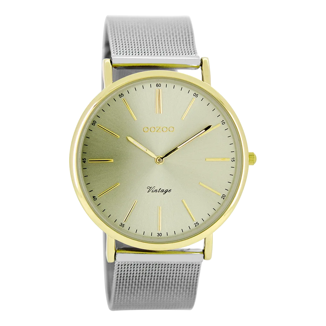 Gold coloured  watch with silver coloured metal mesh bracelet