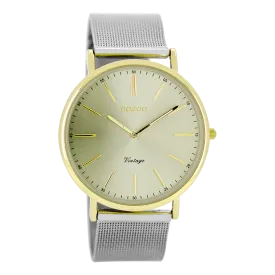 Gold coloured  watch with silver coloured metal mesh bracelet