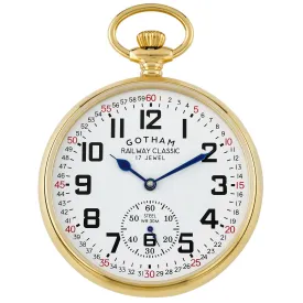 Gotham Men's Gold-Plated Stainless Steel Mechanical Hand Wind Railroad Pocket Watch # GWC14103G