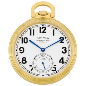 Gotham Men's Gold Plated Stainless Steel Mechanical Hand Wind Railway Classic Nostalgia Series Pocket Watch # GWC14114G