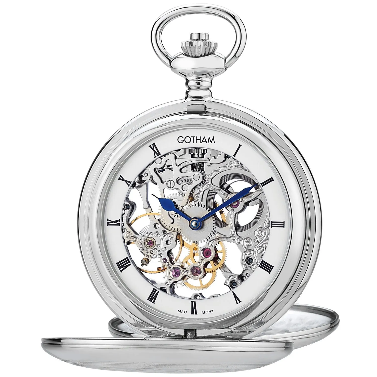 Gotham Men's Silver-Tone Double Cover Exhibition Mechanical Pocket Watch # GWC18800S