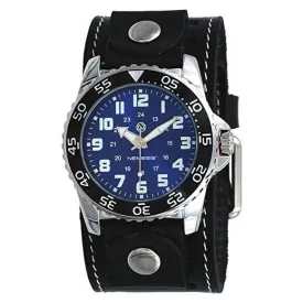 Hybrid Diver Blue/White Watch with White Stitched Black Leather Wide Cuff