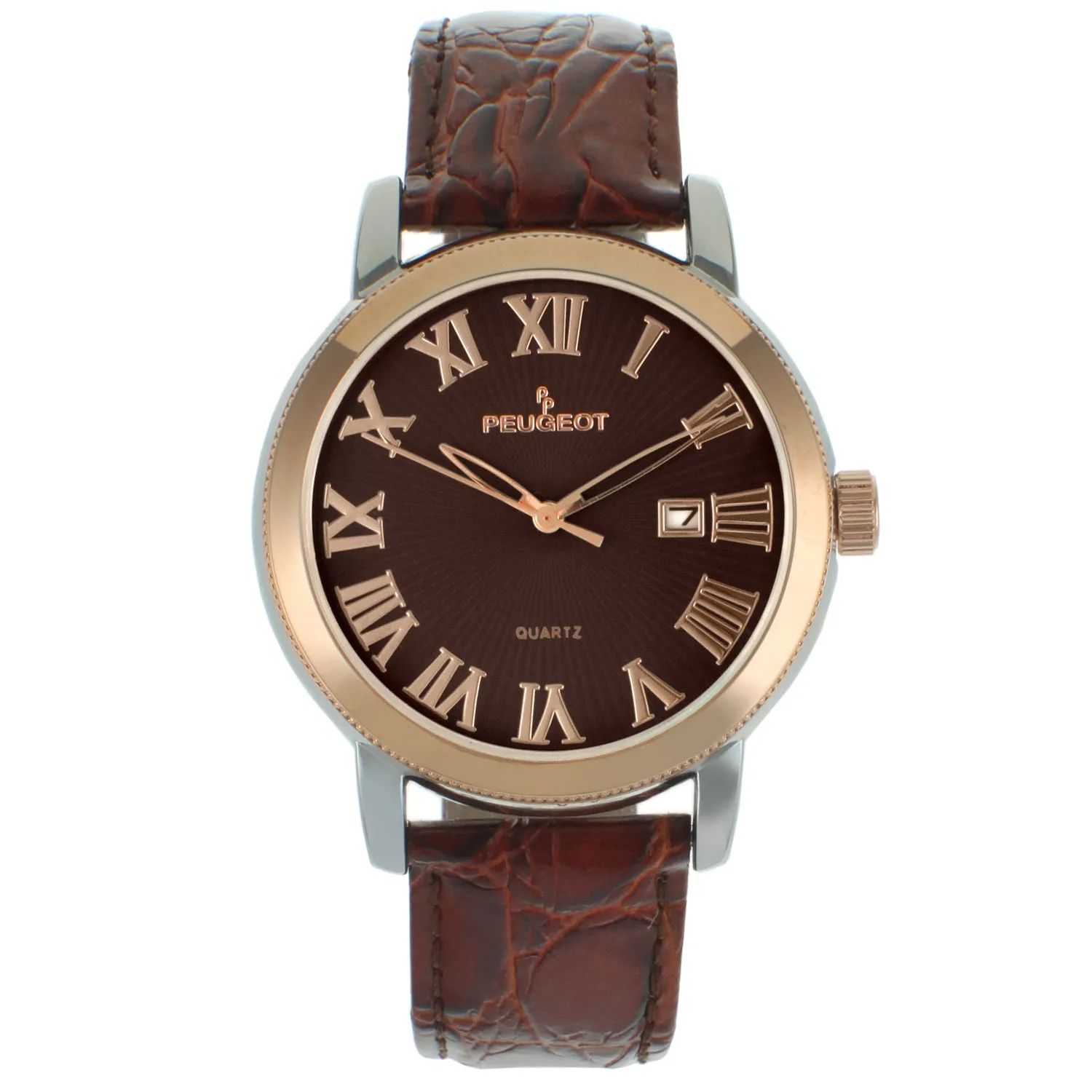 Mens 40mm Dress Watch with Roman Numerals and Brown Leather Strap