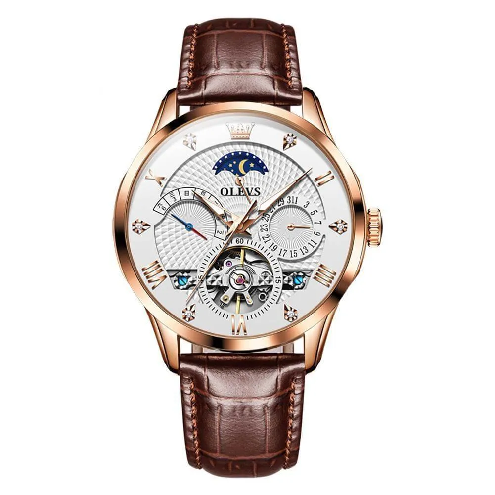 Olevs Automatic Tourbillon Skeleton Mechanical Movement Luminous Fashion High Quality Watch for Men