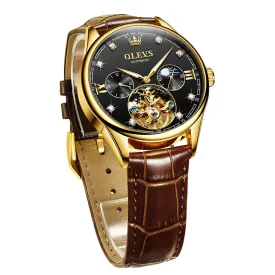 Olevs Tourbillon skeleton luxury business Moon Phase Calendar Leather Luminous Waterproof Men's Automatic Mechanical Watch