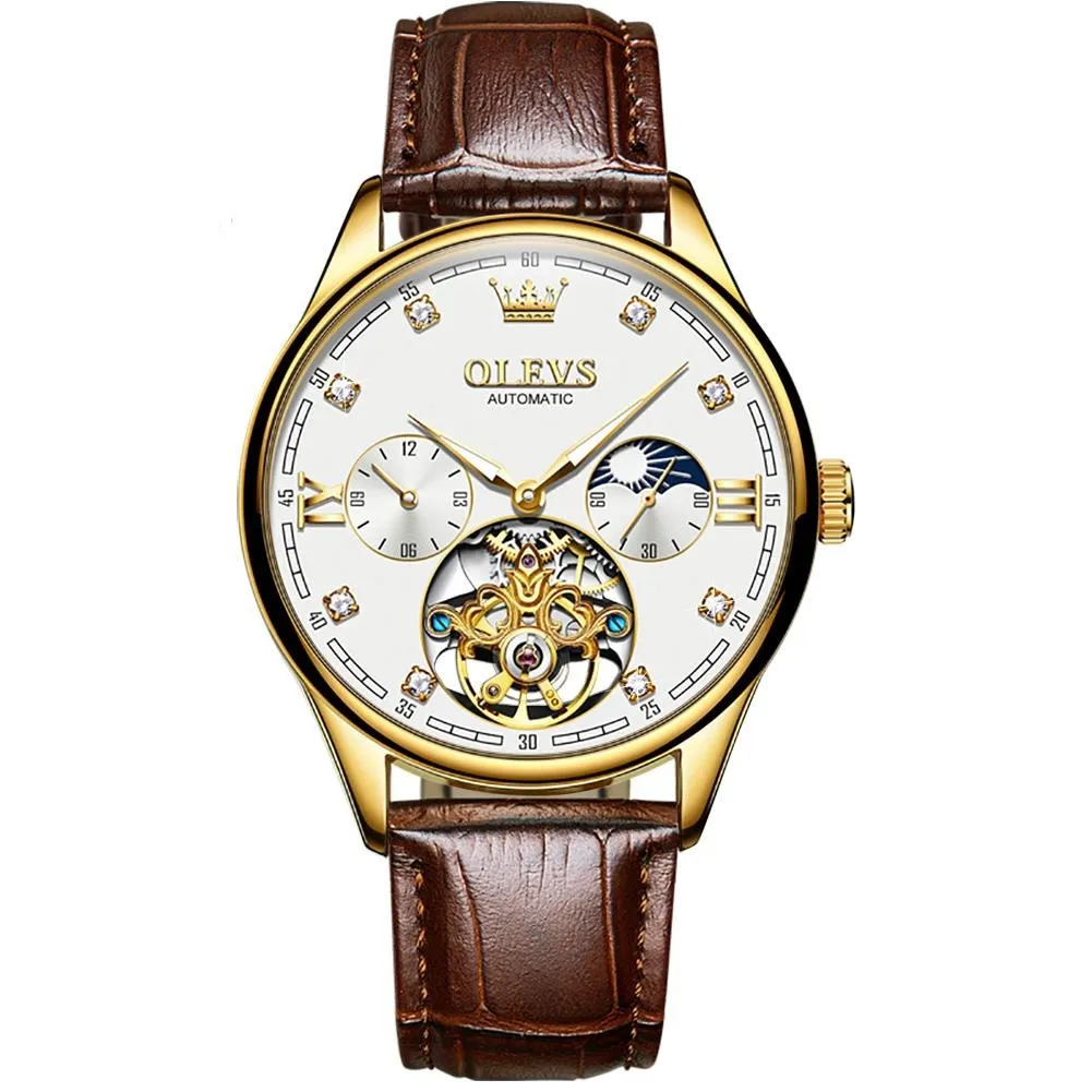 Olevs Tourbillon skeleton luxury business Moon Phase Calendar Leather Luminous Waterproof Men's Automatic Mechanical Watch