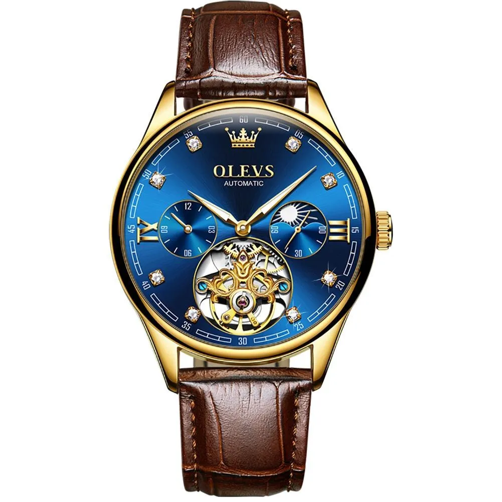 Olevs Tourbillon skeleton luxury business Moon Phase Calendar Leather Luminous Waterproof Men's Automatic Mechanical Watch