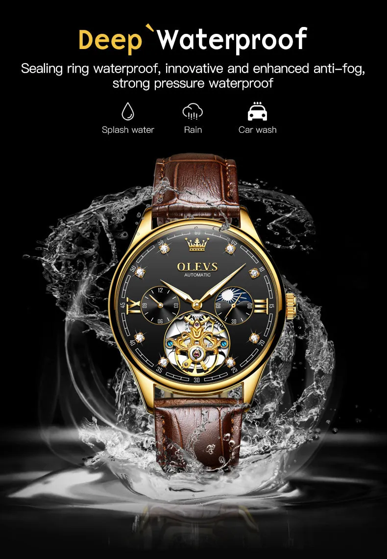 Olevs Tourbillon skeleton luxury business Moon Phase Calendar Leather Luminous Waterproof Men's Automatic Mechanical Watch