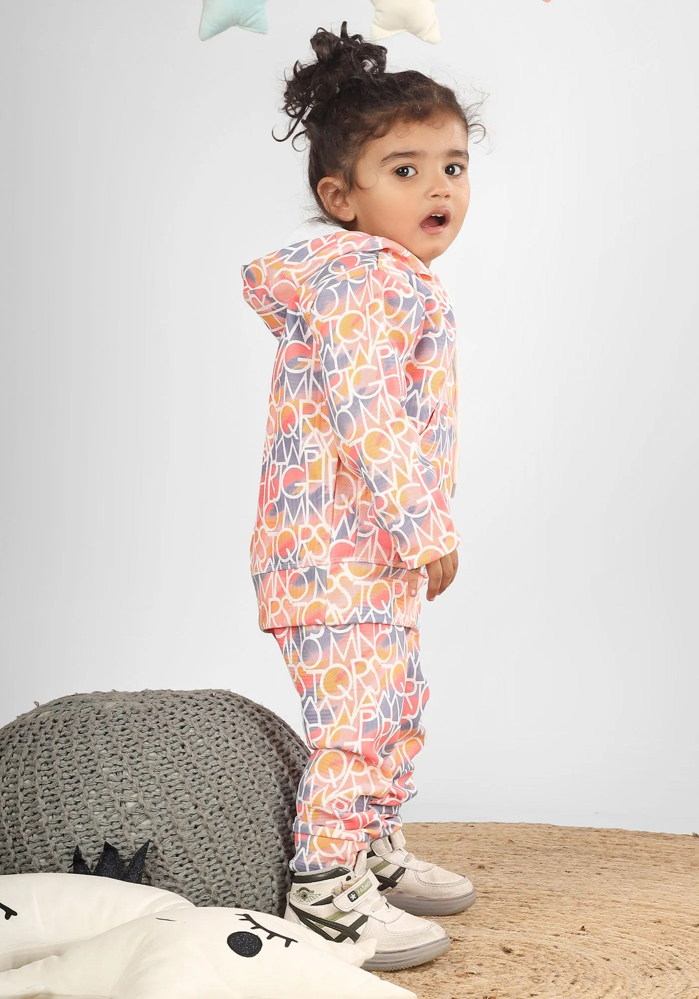 Polka Tots Full sleeve Alphabets Print Co-ord Set - Orange