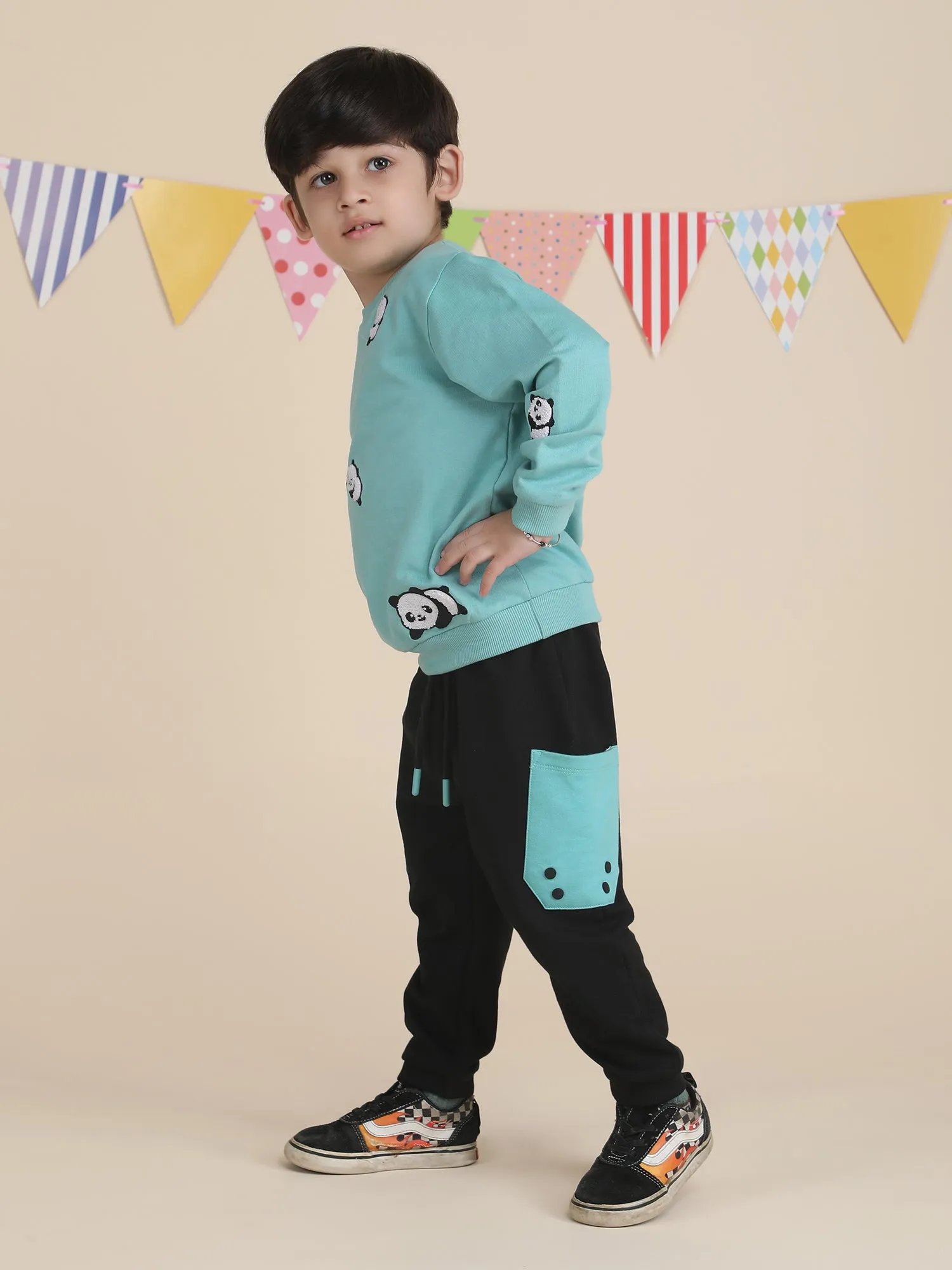 Polka Tots Full Sleeves Panda print Co-ord set - Turquoise