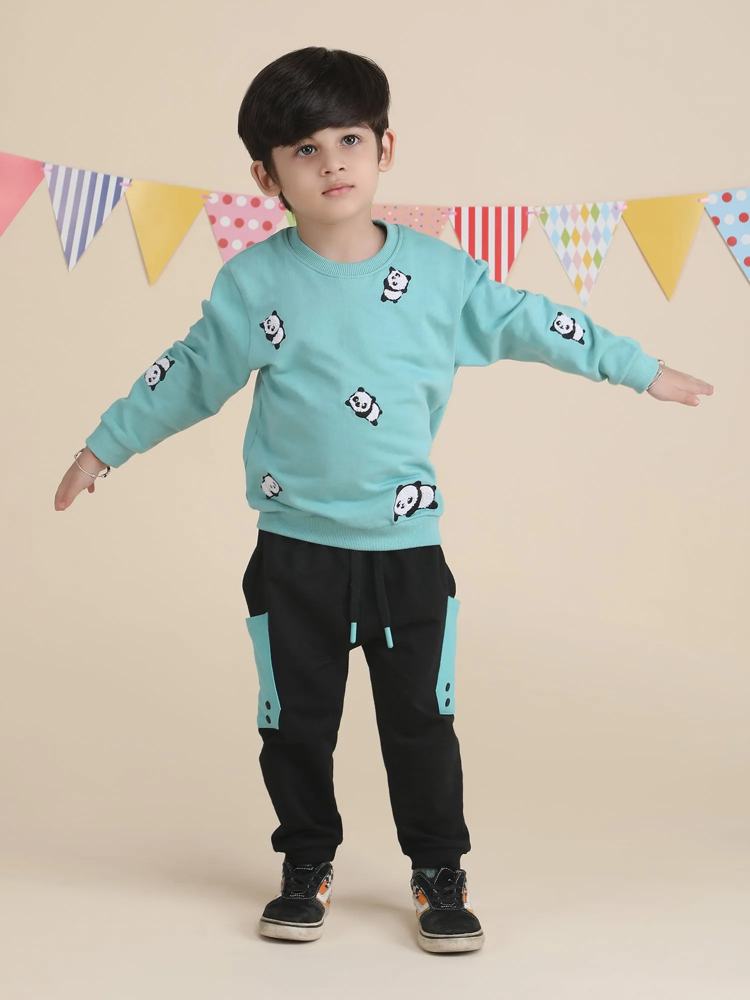 Polka Tots Full Sleeves Panda print Co-ord set - Turquoise