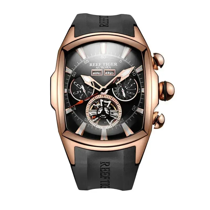 Reef Tiger Luxury Automatic Mechanical Watch for Men Tourbillon Calendar Week Waterproof Multifunctional Self-winding Wristwatch