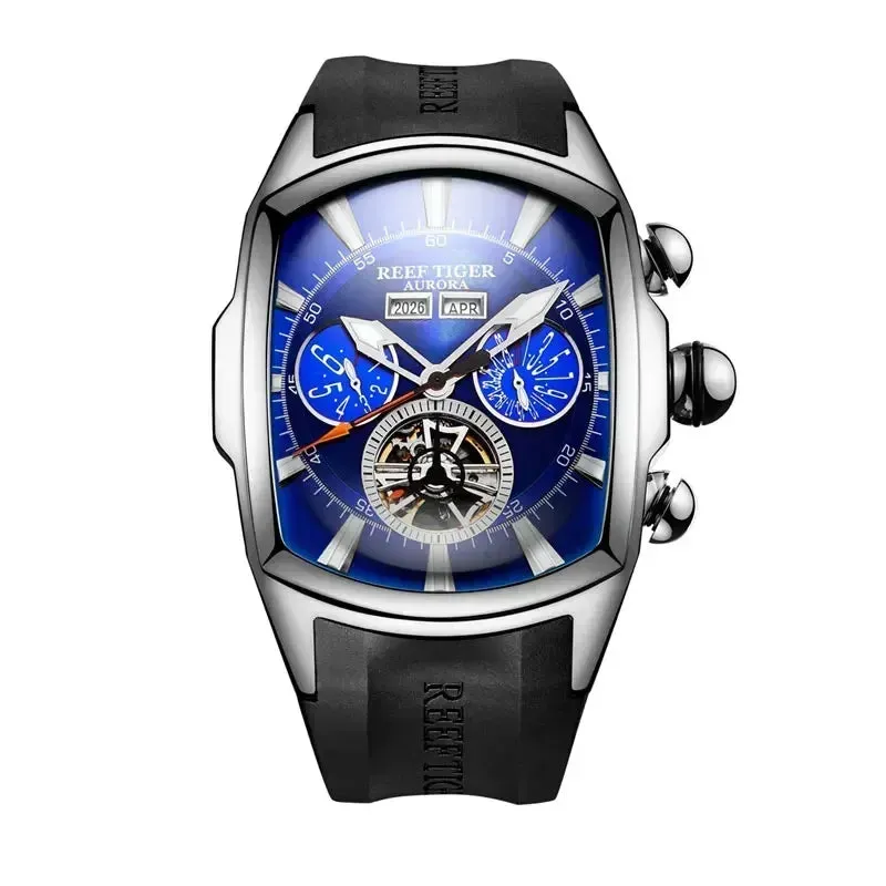 Reef Tiger Luxury Automatic Mechanical Watch for Men Tourbillon Calendar Week Waterproof Multifunctional Self-winding Wristwatch