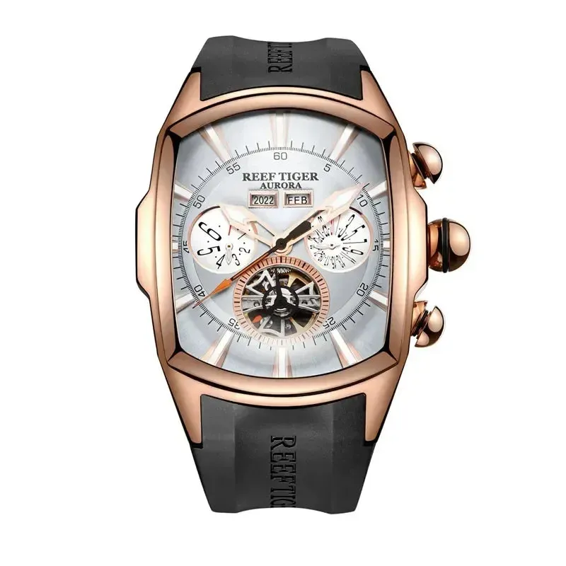 Reef Tiger Luxury Automatic Mechanical Watch for Men Tourbillon Calendar Week Waterproof Multifunctional Self-winding Wristwatch