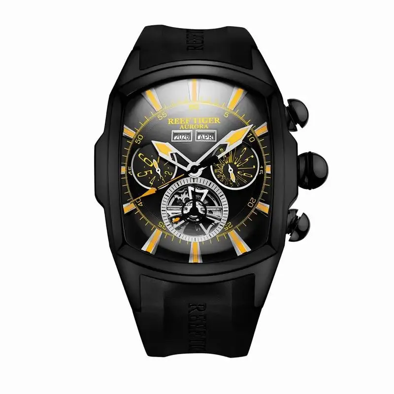 Reef Tiger Luxury Men's Automatic Watch Tonneau Tourbillon Luminous Hands Calendar 100m Waterproof Sports Mechanical Wristwatch