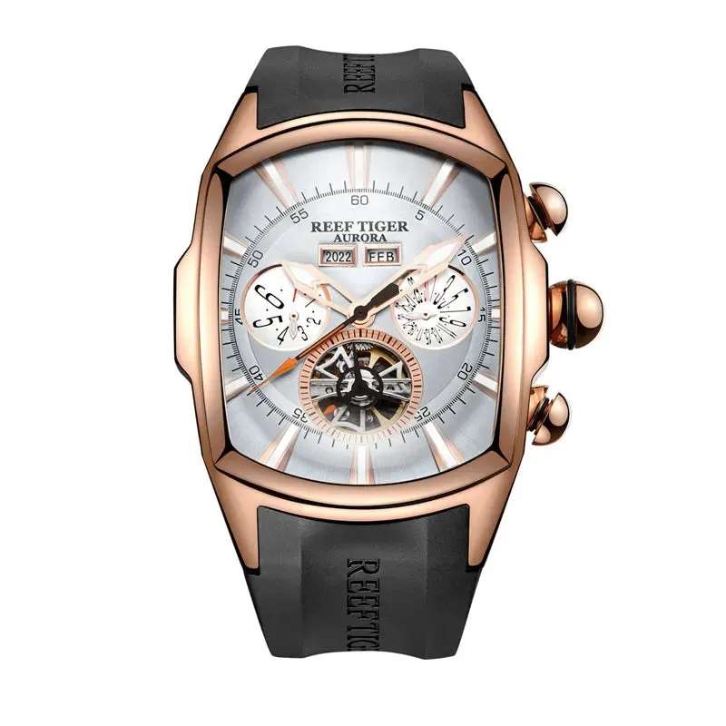 Reef Tiger Luxury Men's Automatic Watch Tonneau Tourbillon Luminous Hands Calendar 100m Waterproof Sports Mechanical Wristwatch