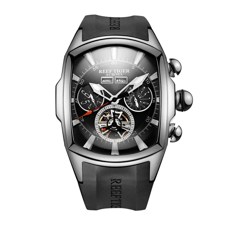 Reef Tiger Luxury Men's Automatic Watch Tonneau Tourbillon Luminous Hands Calendar 100m Waterproof Sports Mechanical Wristwatch