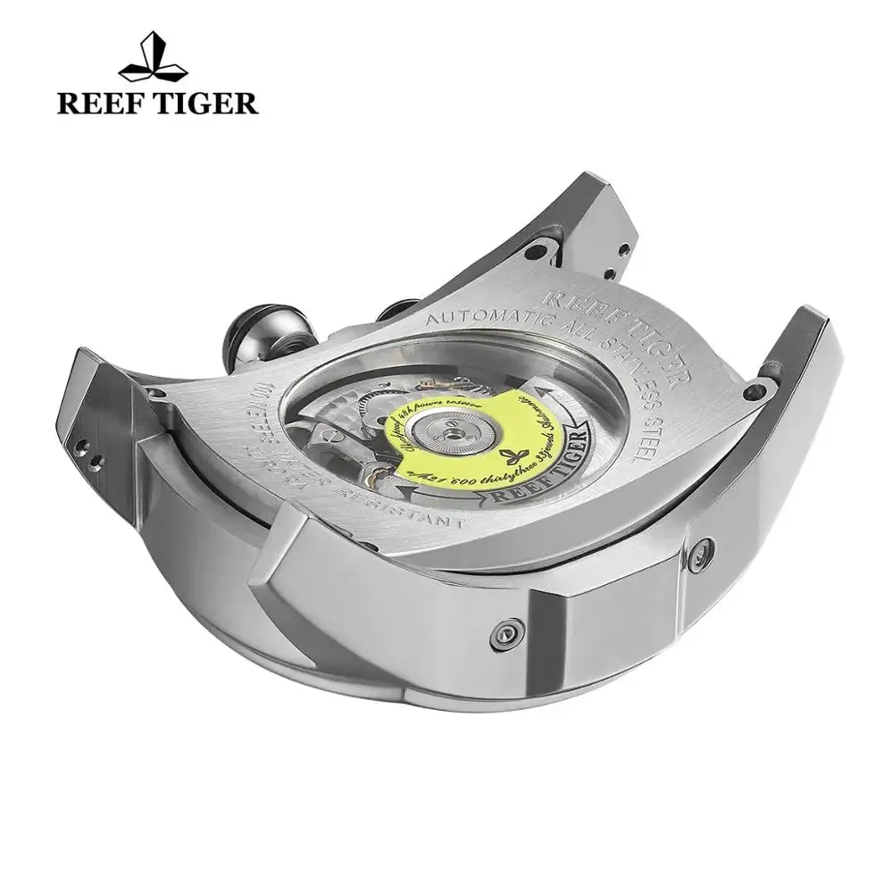 Reef Tiger Luxury Men's Automatic Watch Tonneau Tourbillon Luminous Hands Calendar 100m Waterproof Sports Mechanical Wristwatch