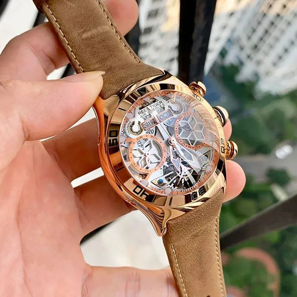 Reef Tiger Men's Skeleton Automatic Mechanical Wristwatch 50m Waterproof Tourbillon Calendar Week Display Leather Luxury Watch