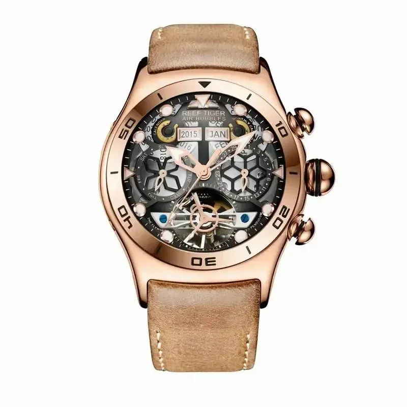 Reef Tiger Men's Skeleton Automatic Mechanical Wristwatch 50m Waterproof Tourbillon Calendar Week Display Leather Luxury Watch