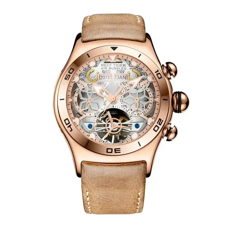 Reef Tiger Men's Skeleton Automatic Mechanical Wristwatch 50m Waterproof Tourbillon Calendar Week Display Leather Luxury Watch